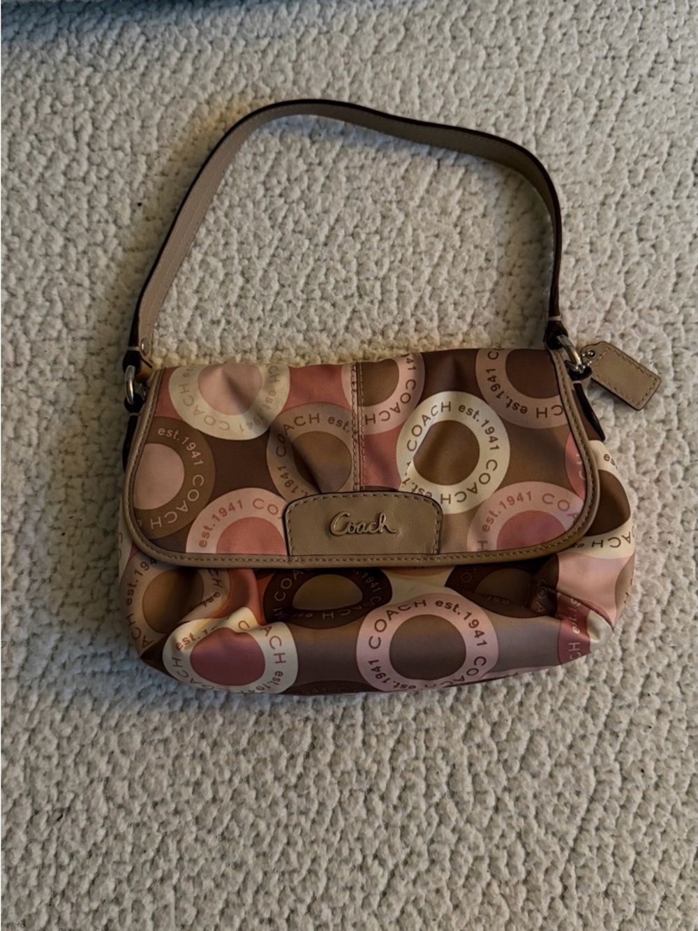 Coach Pink, Beige and Brown Signature Circle Print Shoulder Bag